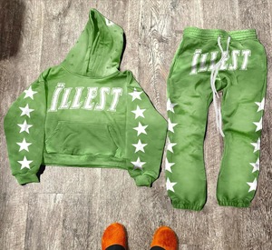 Conjunto Deportivo Wedix, Sudadera con Capucha y Pantalones, Bordado con Apliques, Efecto Desgastado, Lavado Ácido, Corte Acampanado, Poliéster/Algodón - Product Image 1