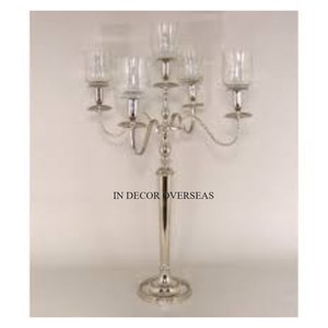 Centros de mesa de comedor para eventos y bodas Candelabro de vidrio transparente y metal pulido brillante plateado al precio más bajo - Product Image 1
