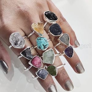 Anillo de Piedras Preciosas en Bruto para Mujer, Amatista Natural, Peridoto, Lapislázuli, Cuarzo, Joyería de Plata de Ley 925 - Product Image 1