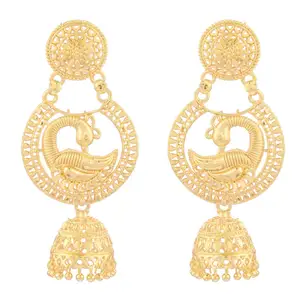 Indischer Hersteller indischer Schmucklieferant Bollywood vergoldete Pfauen-Dangle Chandbali Jhumka-Ohrringe für Damen