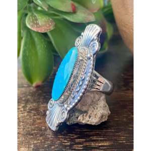 Navajo Handmade Fine Jewelry <b>Ring</b> Kingman Turquoise & Sterling <b>Silver</b> <b>Statement</b> Style for Everyday Wear Size 7 - Product Image 4