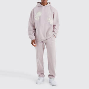 MOVATEXTILE Survêtement Oversize Coton Hiver pour Hommes Imprimé Distressed Hoodie Sweat Suit Sets Acid Wash Tracksuits - Product Image 1