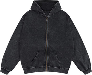 Sweat à capuche délavé à l'acide avec fermeture éclair pour hommes Veste d'automne décontractée vintage surdimensionnée Sweatshirts à capuche en coton avec poches - Product Image 1