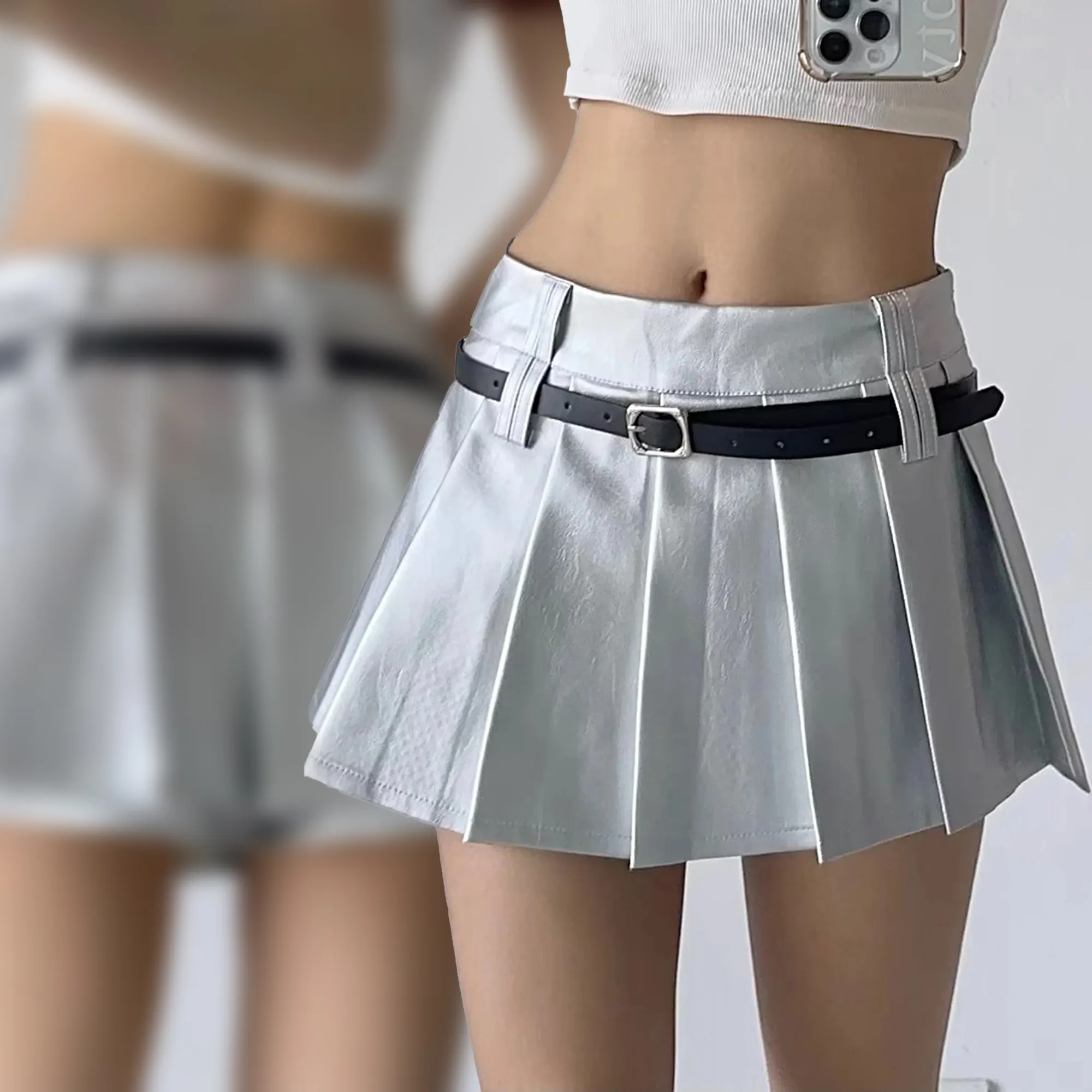 Nature Friendly Artificial Leather Silver Color Pleated Short Sexy Skirts For Women High Quality Shinny Belted Mini A Line Skirt