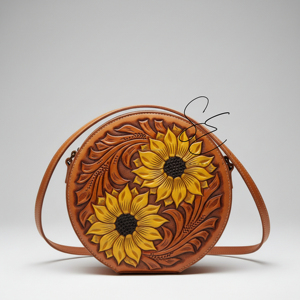 Bolso Bandolera de Cuero Genuino Hecho a Mano con Diseño de Girasol, Tallado Floral, Estilo Canteen, para Mujer, Personalizado OEM, Tendencia Occidental - Product Image 2