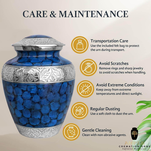 โกศโลหะประดับทำด้วยมือใส่เถ้ากระดูกสีฟ้าและเงินสำหรับใส่เถ้ากระดูกสำหรับใส่เถ้ากระดูกพร้อมสลักรูปใบไม้สำหรับงานศพผู้ใหญ่ - Product Image 5