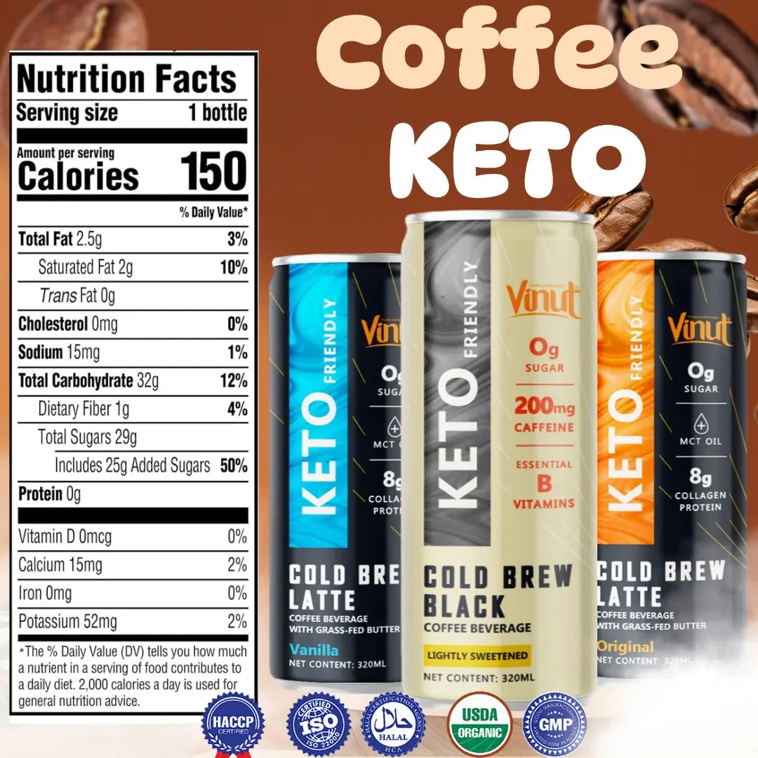 KETO Cold Brew Kaffee Getränke VINUT | 320 ml 24-Packung, Gewichtsabnahme, ketogene Ernährung, trinkbereit, kostenlose Probe, Großhandel Lieferant