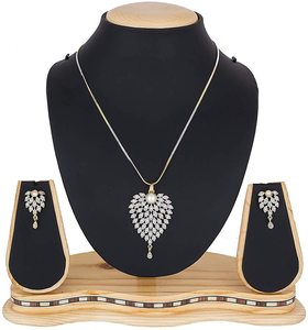 Indian Stainless Steel Brass AD CZ Gold <b>Silver</b> Plated Leaf Design <b>Long</b> Pendant <b>Earrings</b> Wedding Anniversary Parties Steel Leaf - Product Image 3