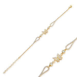 Pulsera con Dijes de Circonita Transparente con Diseño de Mariposa, Hecha a Mano en Turquía, Chapada en Oro, Plata de Ley 925, para Fiesta - Product Image 1