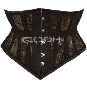 Fabricant de corsets de mode noirs en maille florale avec armatures en acier sous la poitrine et fermeture avant - Product Image 3