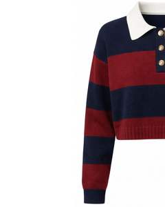 Pull Polo Court à Rayures Bleu Marine et Rouge Personnalisé pour Femmes Manches Longues Ourlet Côtelé Patte de Boutonnage Casual Hiver Tricoté - Product Image 3