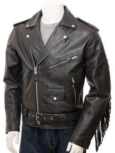 Chaqueta de cuero de piel de oveja para hombre de motocicleta de invierno Brando clásico cuello alto estilo callejero logotipo frontal con flecos - Product Image 5