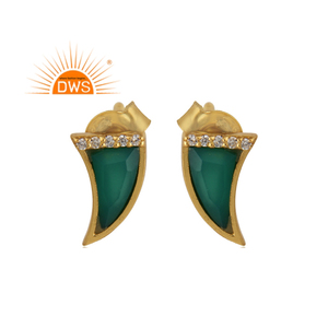 Horn Style <b>Sterling</b> <b>Silver</b> 18K Gold Plated Natural Cz & Green Onyx Gemstone <b>Stud</b> Earring Jewelry Manufacturer - Product Image 1