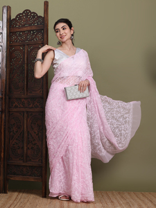 Bharat Chikan udhyog แท้ georgette chikankari ปักด้วยมือย่นฟรี Saree เลื่อมตัด Dana ทำงาน Viscose unstitched - Product Image 5