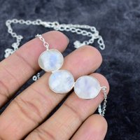Collar de Cadena con Dije de Piedra Lunar Arcoíris Chapado en Plata 925 con Engaste de Bisel, Estilo Bohemio para Mujer, Ideal para Fiesta de Compromiso o Boda