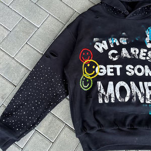 Venta al por mayor personalizado Zip up Pullover Impreso Sharp Hood Hoodie Rhinestone Acid Washed Color Hoodie Full Rhinestones Hoodie - Product Image 4