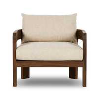 Fauteuil lounge élégant et moderne de style mid-century, structure en teck massif, assise durable et confortable pour salon et usage extérieur