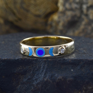 แหวนจักรราศีสีทองเคลือบสีน้ำเงิน14K พร้อมพระจันทร์เสี้ยวและดวงอาทิตย์เพชรการหมั้นงานแต่งงานหรือของขวัญสำหรับงานเลี้ยง - Product Image 6