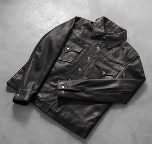 Veste en cuir véritable pour homme, col rabattu, coupe classique, couleur unie, fermeture à boutons, style décontracté, automne-hiver - Product Image 3