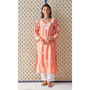 Chikankari hecho a mano melocotón oscuro recto Kurta Reyon vestido indio para mujeres suave Anarkali Salwar Kameez ropa de fiesta pakistaní - Product Image 1