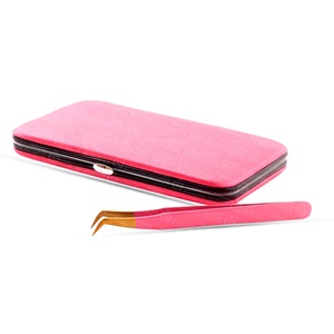 Color <b>Pink</b> Tip Gold Stainless Steel Eyelash Extension Tweezers Extra Sharp Point Hand Crafted Private Label - Product Image 3