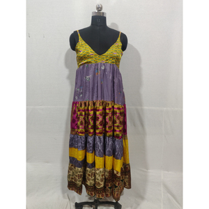 Vestido maxi de seda estampado para mujer, correa de estilo bohemio étnico, diseño de parche Vintage multicolor, decoración de encaje, ropa de verano Natural - Product Image 5