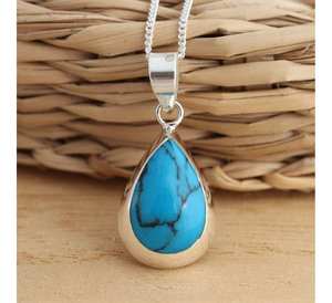 925 Sterling <b>Silver</b> Blue Turquoise Teardrop <b>Pendant</b> <b>Necklace</b> with Curb Chain Solid <b>Pendant</b> Reconstructed Blue Turquoise Gift - Product Image 3
