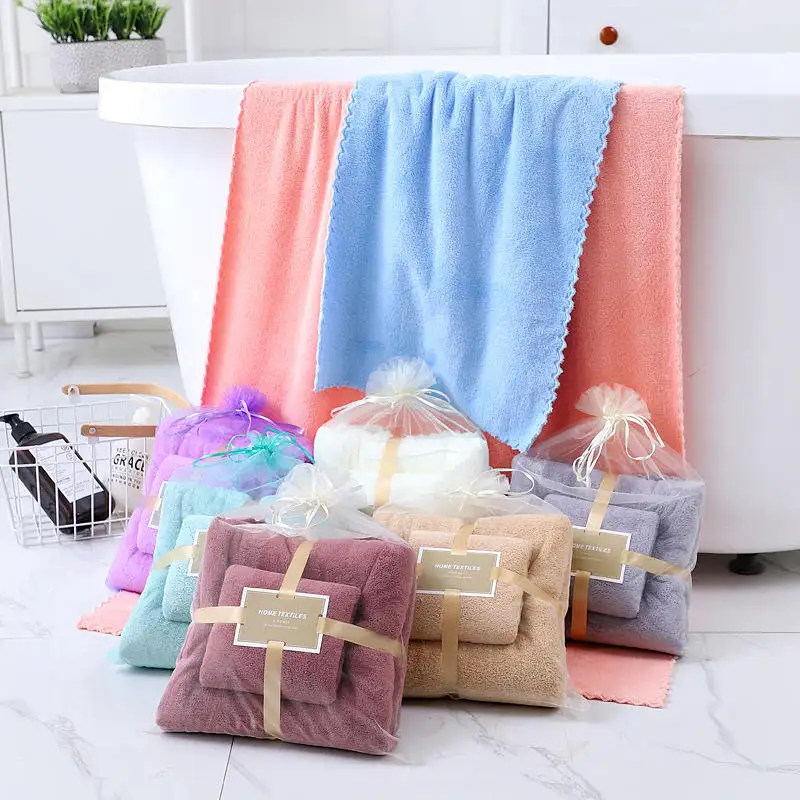 Soft Super Absorbent Cheap Gift Solid and Striped Microfiber Coral Fleece Bathroom Bath Towel Sets