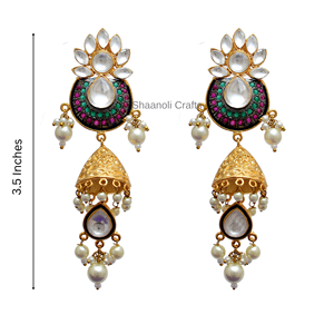Boucles d'oreilles plaquées or Kundan, cadeaux de fête, pendentifs multicolores, bohème, filles, femmes, mariage, fiançailles, avec perle et diamant - Product Image 3
