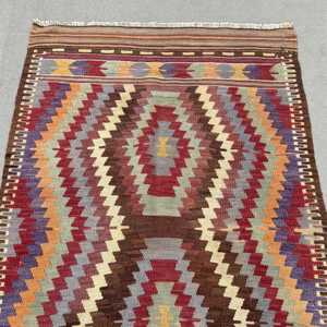 3.1x4.8 ft Rug, Vintage Kilim Rug, Turkish <b>Red</b> <b>Wool</b> Bordered Rug - Product Image 5