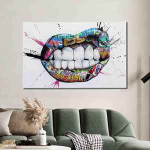 Impresión en lienzo de labios con grafiti urbano - Decoración de pared moderna de estilo Pop Art, 1P:Gallery Wrapped - Product Image 1