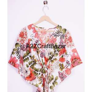 Caftán para Mujer, Algodón Indio, Estampado Floral a Mano, Maxi Largo, para Playa, Ropa de Dormir, Kimono, Cuello en V, Cinturón, Lavable, Diseño Y2K - Product Image 2