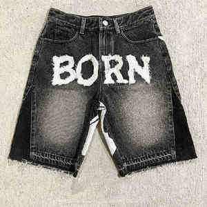 Design personnalisé respirant taille moyenne ourlet brut appliques broderie patchs Logo été Streetwear Baggy Distressed Denim Shorts - Product Image 1