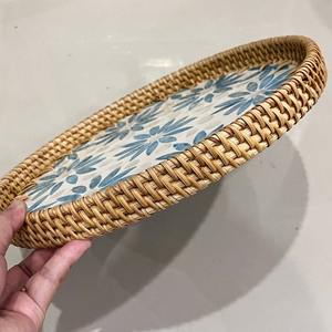 Best Selling Mother Of Pearl With <b>Rattan</b> Serving Tray Round Blue Flower Design Natural <b>Frame</b> For Home Decor Hotel Sustainable - Product Image 5