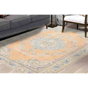 Alfombra Estampada Lila - Tonos Suaves, Detalles Naranjas, Diseño Turco, Alfombra Suave No Tejida - Product Image 1