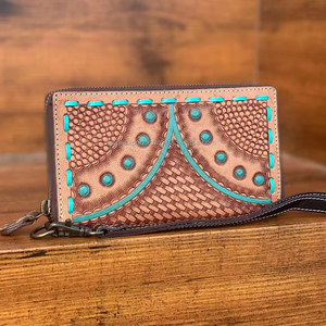 Nouveau portefeuille en cuir repoussé à la main étui de téléphone élégant multi-usages portefeuilles portefeuille en cuir véritable pour les femmes - Product Image 4