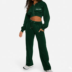 Ensemble de survêtement pour femmes, logo imprimé en relief personnalisé, vêtements décontractés confortables, 100% coton molletonné, double fermeture éclair sur le devant, poches cargo - Product Image 4