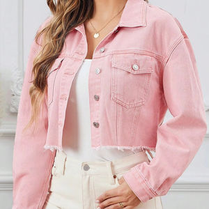 เสื้อแจ็คเก็ตยีนส์สีชมพูแขนยาวสำหรับผู้หญิง ผ้าฝ้าย 100% ระบายอากาศได้ดี เป็นมิตรกับสิ่งแวดล้อม สไตล์ลำลอง แฟชั่นเข้าได้กับทุกชุด สำหรับสาวๆ - Product Image 4