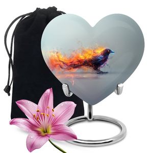 Urne mystique en forme de cœur d'oiseau de feu pour les cendres humaines Conception d'oiseau de flamme Urne funéraire moderne souvenir pour adultes 1-200 pouces cubes - Product Image 2