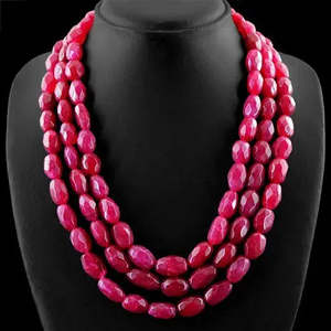 AAA+ Quality 1040.00 CTS EARTH MINED RICH RED <b>RUBY</b> 3 STRAND OVAL FACETED BEADS <b>NECKLACE</b> (DG) Cus-Jew26 - Product Image 1
