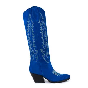 Kali ayakkabı Dallas kadın diz yüksek Blu işlemeli süet deri Texan çizmeler İtalya'da el işi özelleştirilebilir renk