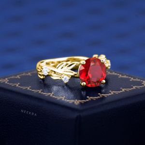 Anillo de compromiso de plata 925 de rubí cultivado en laboratorio de corte redondo, diseño de hoja de estilo británico, anillo hecho a mano, opción de reemplazo de piedras preciosas - Product Image 2