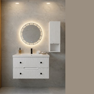 Conjunto de Mueble de Baño Suspendido con Espejo LED Táctil Redondo, Puerta con Panel Crema, Gabinete de MDF y Lavabo de Cerámica de 65, 80, 100 cm - Product Image 2