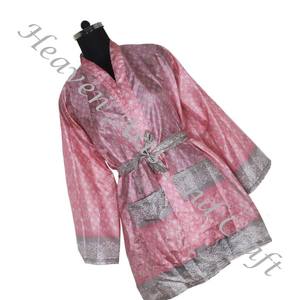 KS001 Beautiful Vintage Silk Sari Floral Jacket Bohemian Winter Short Hand Made With Belt Closer Vintage Sari Kimono Short - Product Image 3