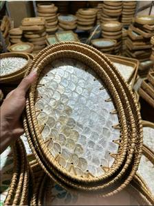 Plateau de service en bambou écologique fait à la main, tissé en rotin, carré, rectangulaire, avec incrustation de nacre - Product Image 6