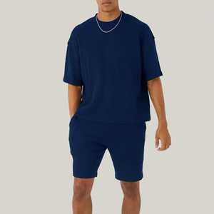 Costume surdimensionné à manches courtes 100% coton avec logo personnalisé pour hommes, ensemble deux pièces de streetwear décontracté, ensemble t-shirt à motif uni, ensembles courts d'été - Product Image 4
