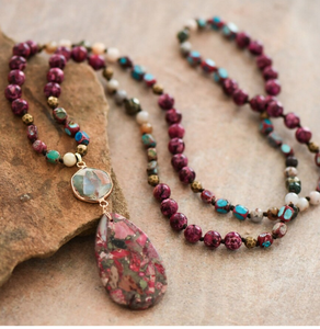 Trendy Sea Boho Long Necklace, Knotted Bead Bohemia Necklace, Healing Crystal Beaded Necklace - Product Image 1