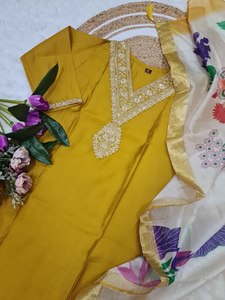 Mustard Yellow Straight <b>Kurti</b> with Hand Embroidery & Printed Dupatta Partywear Ethnic Outfit - Product Image 2