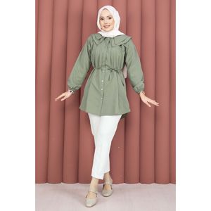 เสื้อฮิญาบสีกากีแบบเรียบง่าย คอปกสองชั้น พร้อมเชือกรูดเอว สไตล์แฟชั่น - Product Image 1