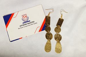 Brass <b>Earrings</b> with Triangular Shape and Fully Hammered Pattern Handcrafted in India-Gold Plated Modern Traditional Design - Product Image 2